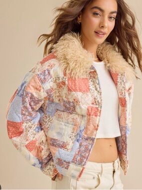 Floral Patchwork Quilted Jacket with Faux-Shearling Collar - Cream & Coral
